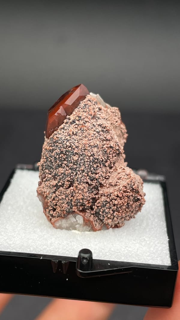 Dusty red hematoid quartz with black specular hematite flecks, Shanxi, China