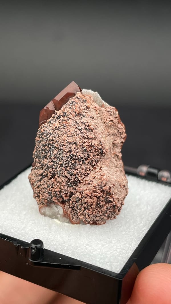 Dusty red hematoid quartz with black specular hematite flecks, Shanxi, China, second angle