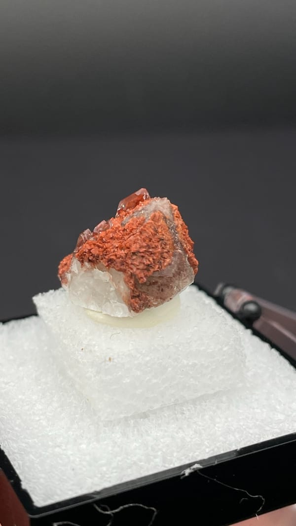 Small deep red hematoid quartz crystal group from Shanxi, China, in a display box, reverse side