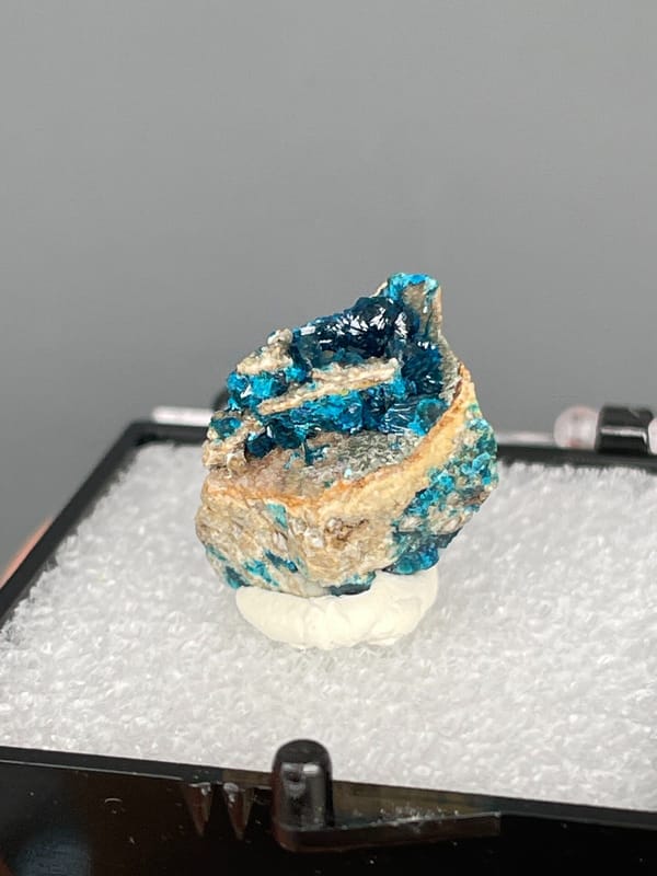 Blue veszelyite divided by a tan rock seam from Yunnan, China, in a box, top view