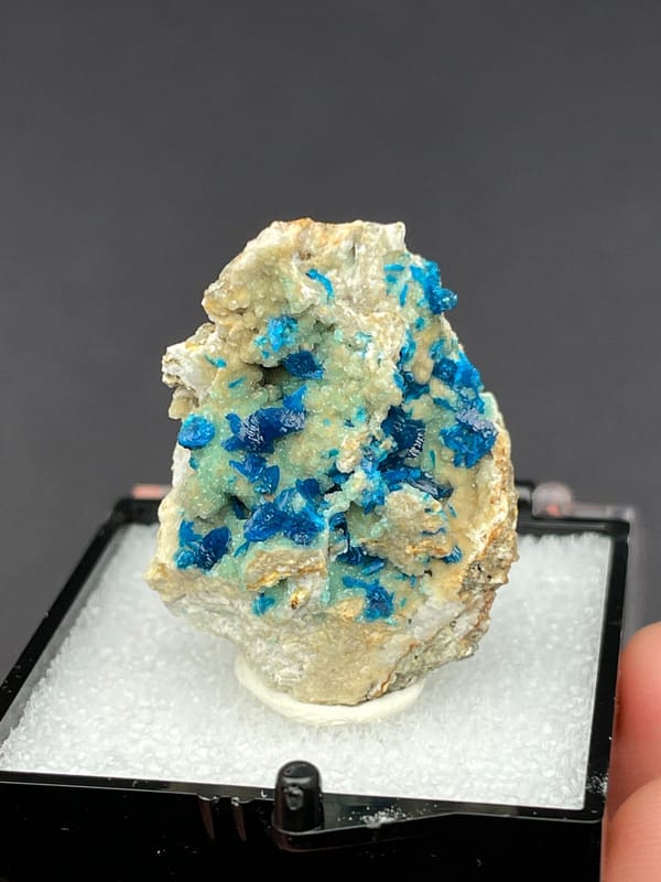 Blue veszelyite clusters scattered on a pale green matrix from Yunnan, China, top view