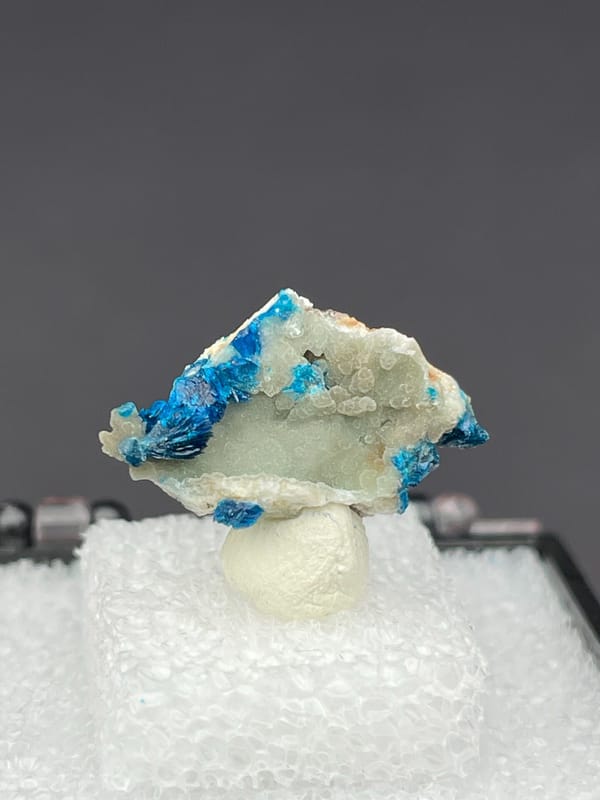Vivid blue veszelyite on a pale green-white crust from Yunnan, China, in a box, detail of the matrix contact