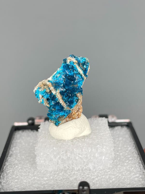 Blue veszelyite crust crossed by a pale vein, Yunnan, China, in a display box