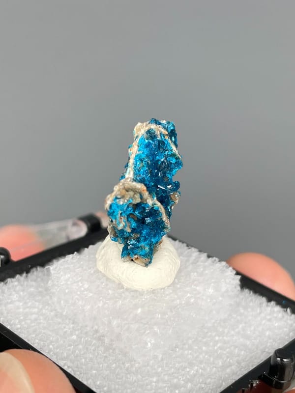 Blue veszelyite crust crossed by a pale vein, Yunnan, China, in a display box, top view