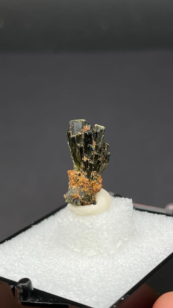 Small fan of olive-green epidote blades on orange base, Handan, Hebei, China, close-up of the crystal faces