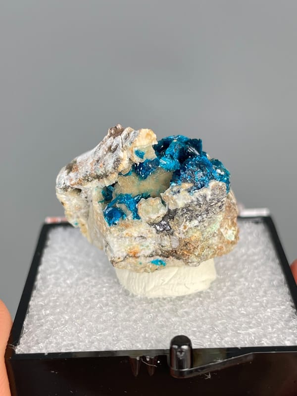 Deep blue veszelyite in the hollows of a pale cream rock, Yunnan, China