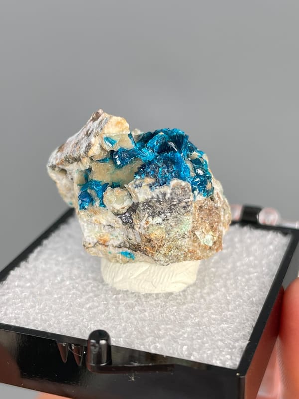 Deep blue veszelyite in the hollows of a pale cream rock, Yunnan, China, second angle