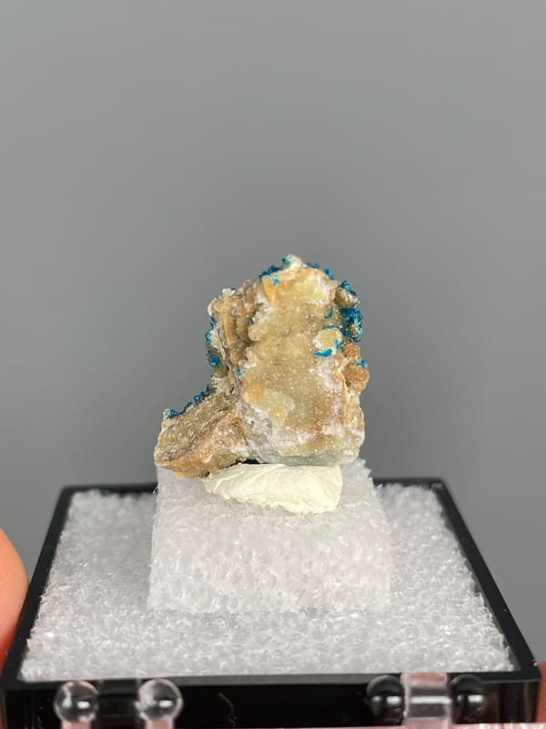 Upright block crusted with deep blue veszelyite from Yunnan, China, in a box, detail of the matrix contact