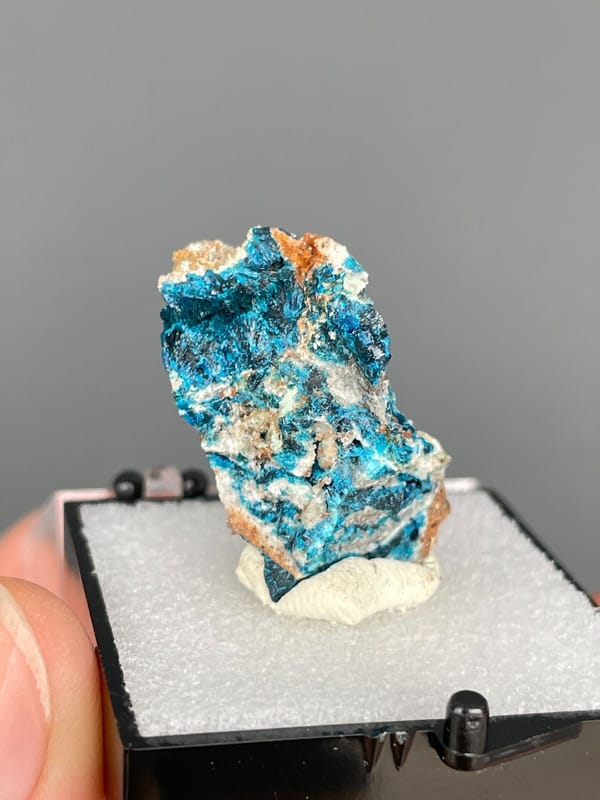 Upright piece fully crusted with blue veszelyite from Yunnan, China, in a box, second angle