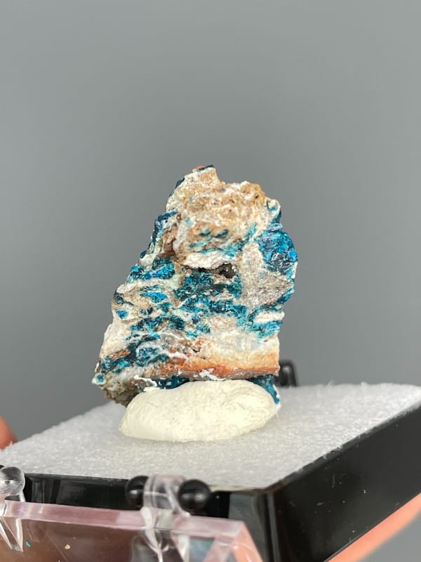 Upright piece fully crusted with blue veszelyite from Yunnan, China, in a box, reverse side