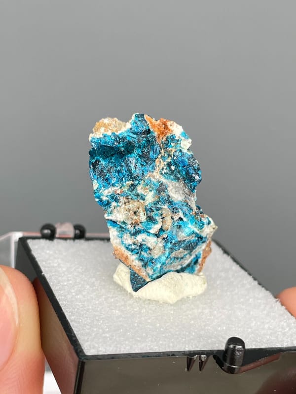 Upright piece fully crusted with blue veszelyite from Yunnan, China, in a box, top view