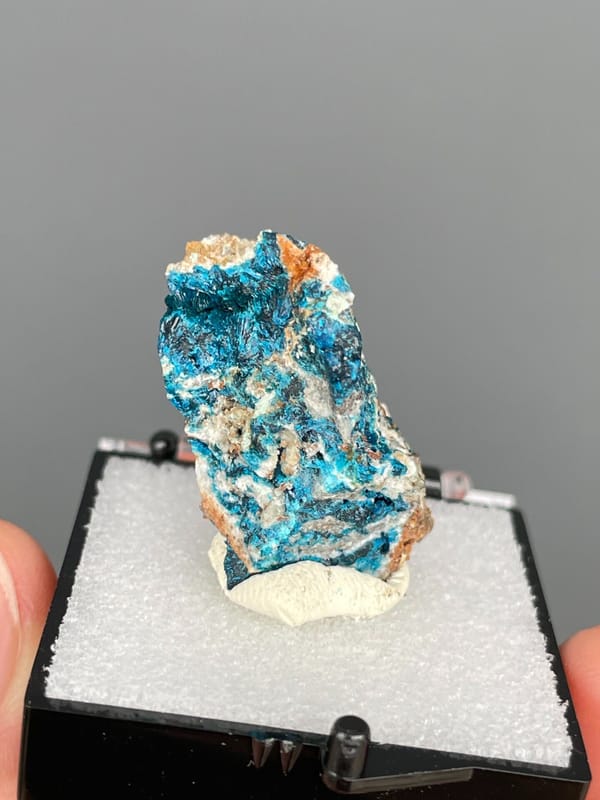 Upright piece fully crusted with blue veszelyite from Yunnan, China, in a box, detail of the matrix contact