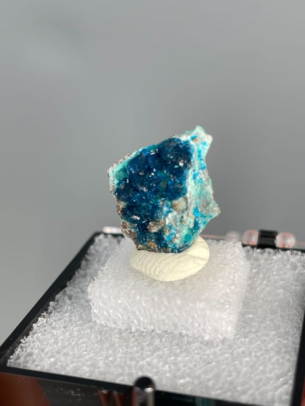 Ink-blue veszelyite with a turquoise band from Yunnan, China, in a display box