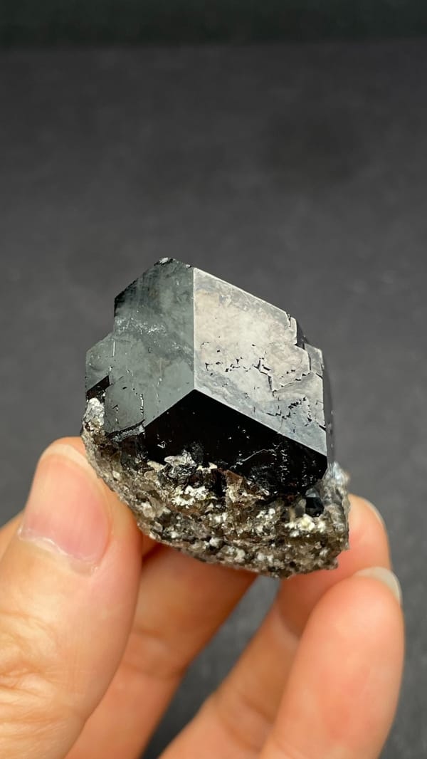 Black schorl tourmaline with three-faced termination on matrix, Namibia, reverse side