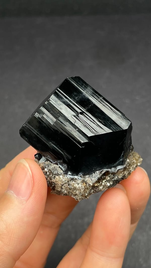 Black schorl tourmaline with three-faced termination on matrix, Namibia, top view