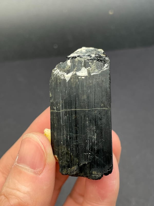 Black tourmaline prism with cream feldspar from Pakistan, close-up of the crystal faces