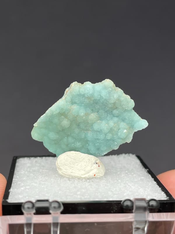 Pale turquoise botryoidal hemimorphite crust from Yunnan, China, in a display box, reverse side