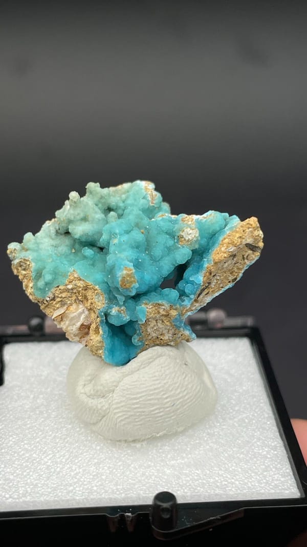 Turquoise botryoidal hemimorphite on tan matrix from Yunnan, China, in a box, second angle