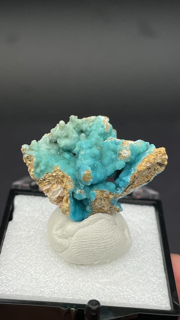 Turquoise botryoidal hemimorphite on tan matrix from Yunnan, China, in a box, reverse side