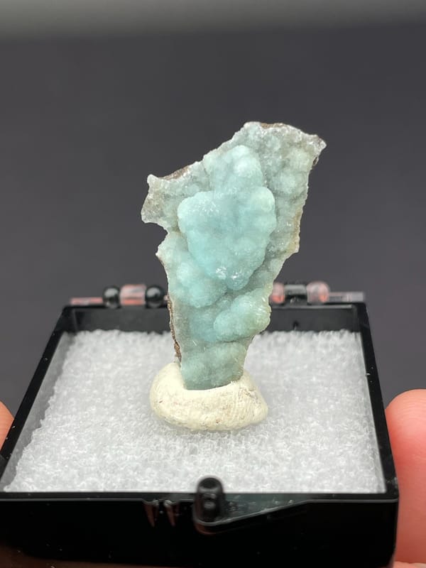 Pale blue-green botryoidal hemimorphite crust from Yunnan, China, in a display box, reverse side