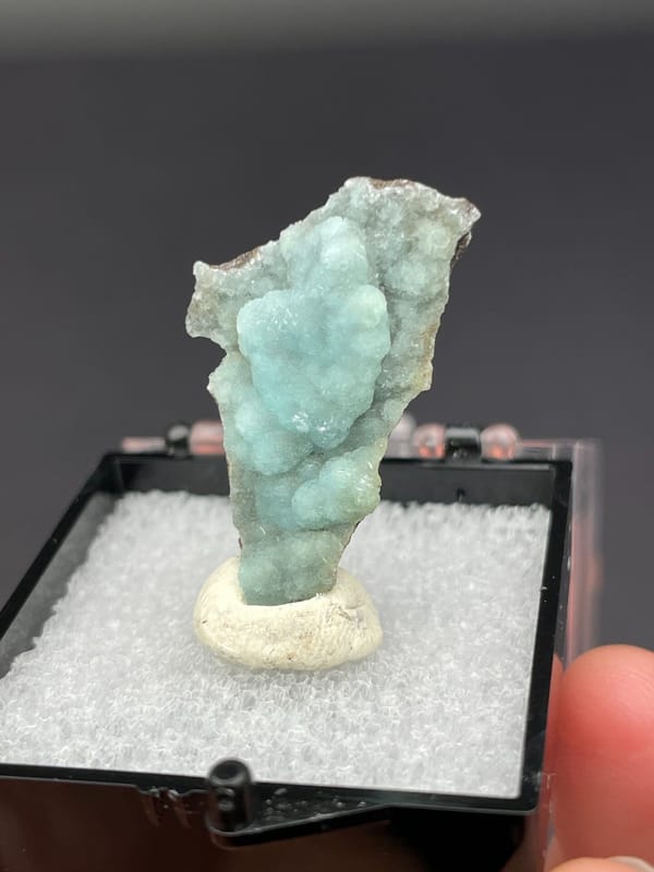 Pale blue-green botryoidal hemimorphite crust from Yunnan, China, in a display box, top view