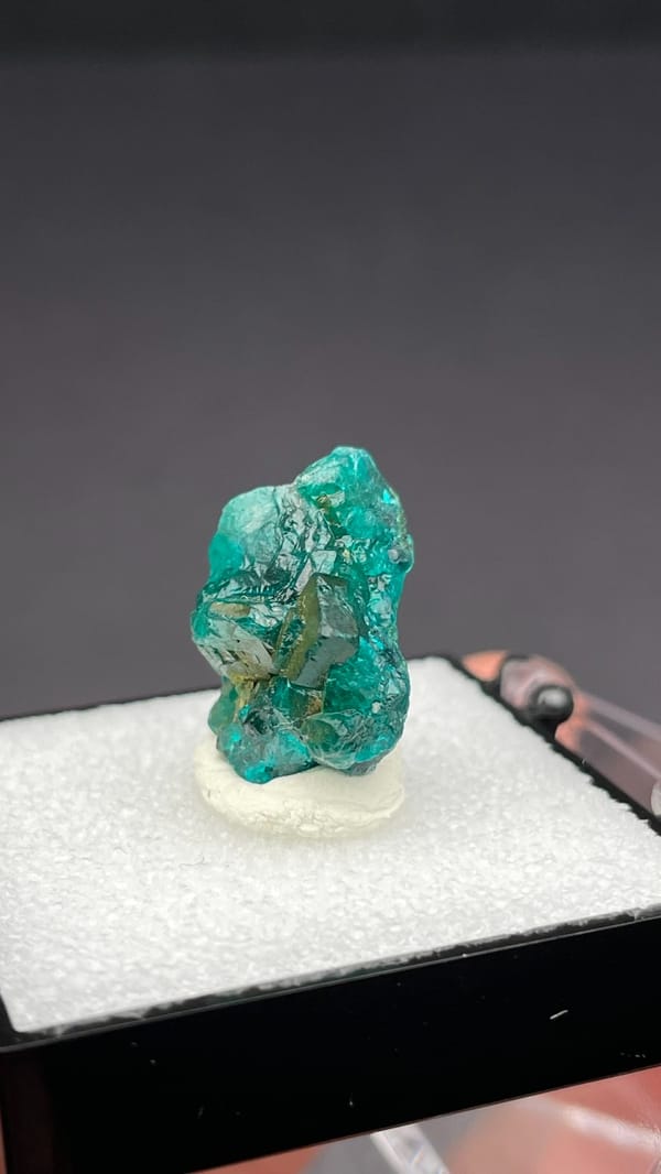 Emerald-green dioptase crystals on matrix from DR Congo, in a display box, second angle