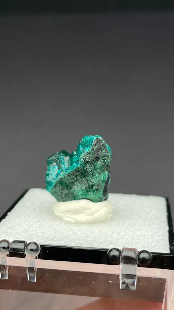 Emerald-green dioptase crystals on matrix from DR Congo, in a display box, close-up of the crystal faces