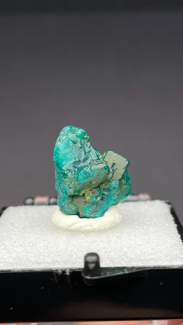 Emerald-green dioptase crystals on matrix from DR Congo, in a display box, top view