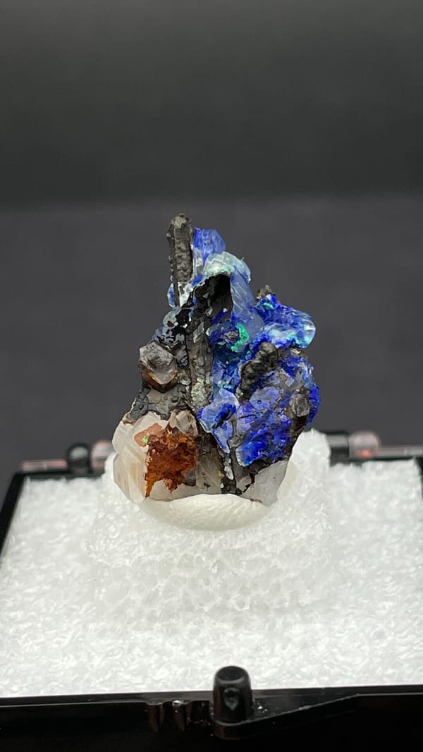 Electric blue azurite with green malachite on limonite from Morocco, in a box