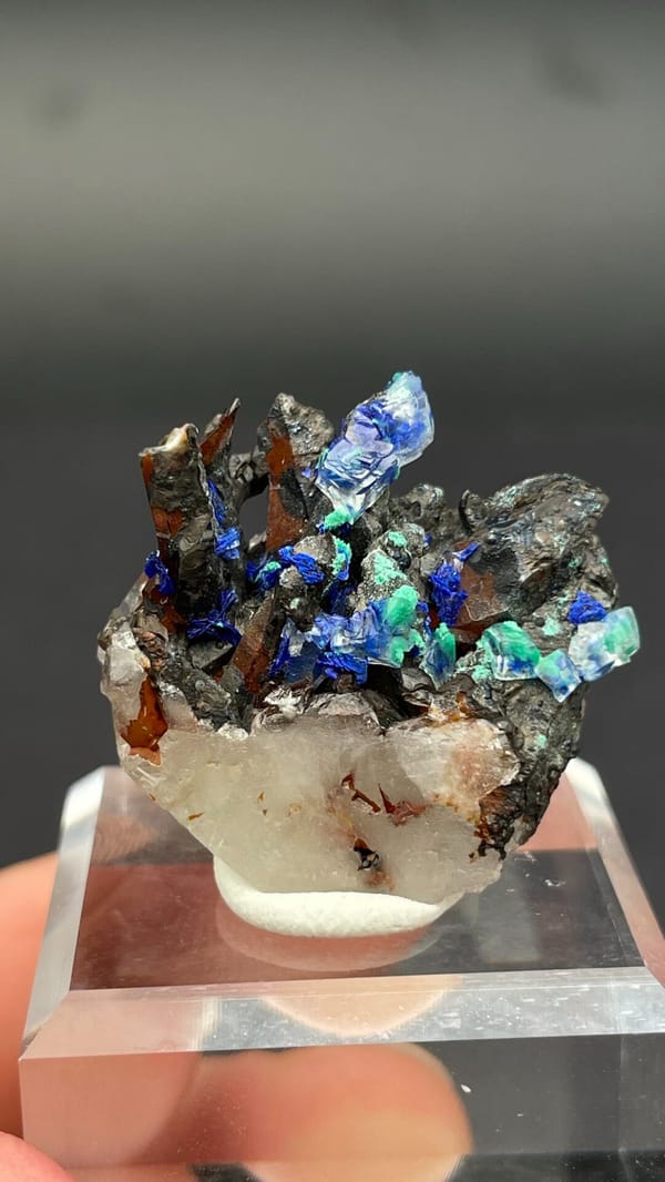 Blue azurite and green malachite on a white quartz base from Morocco, on a stand