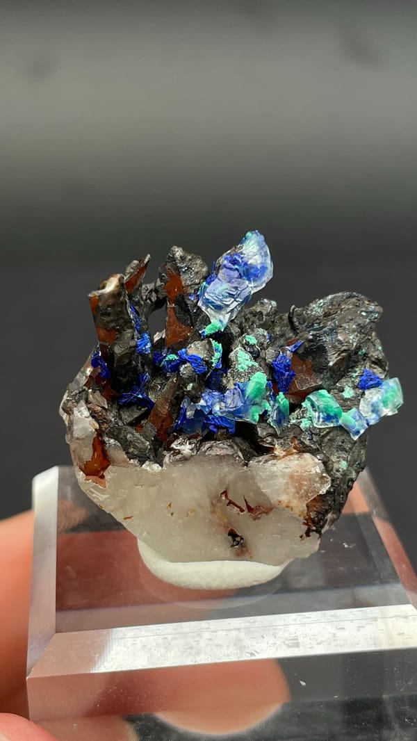 Blue azurite and green malachite on a white quartz base from Morocco, second angle