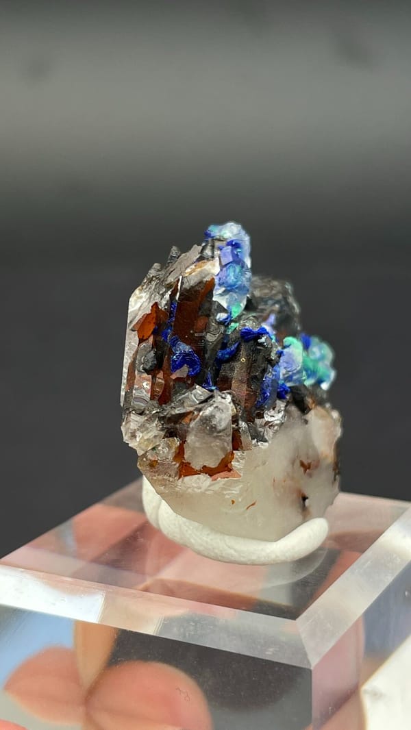 Blue azurite and green malachite on a white quartz base from Morocco, reverse side