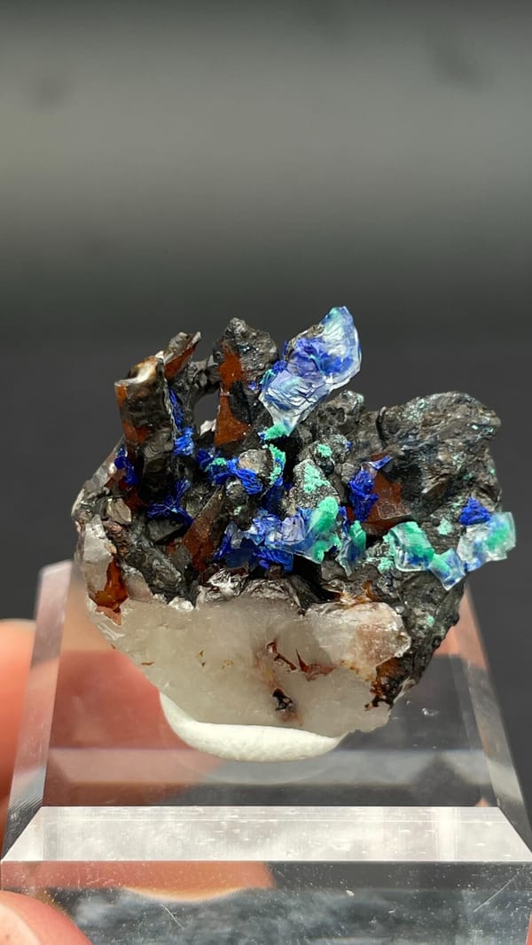 Blue azurite and green malachite on a white quartz base from Morocco, top view