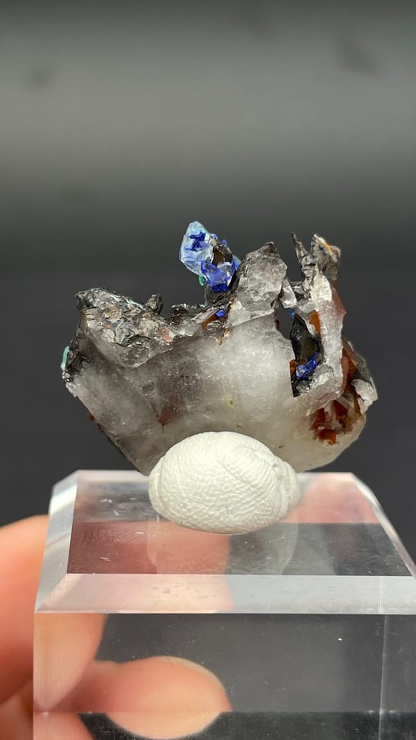 Blue azurite and green malachite on a white quartz base from Morocco, detail of the matrix contact