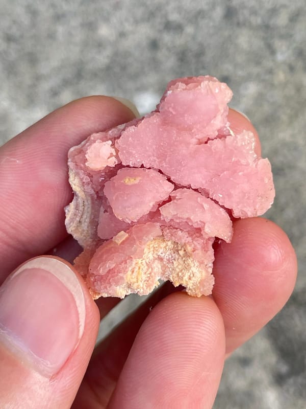 Bright pink botryoidal rhodochrosite from Argentina, close-up of the crystal faces