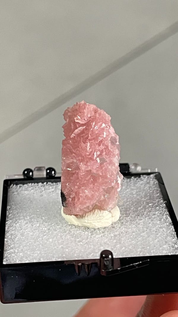 Rose-pink rhodochrosite crust from Wuzhou, Guangxi, China, in a display box, second angle