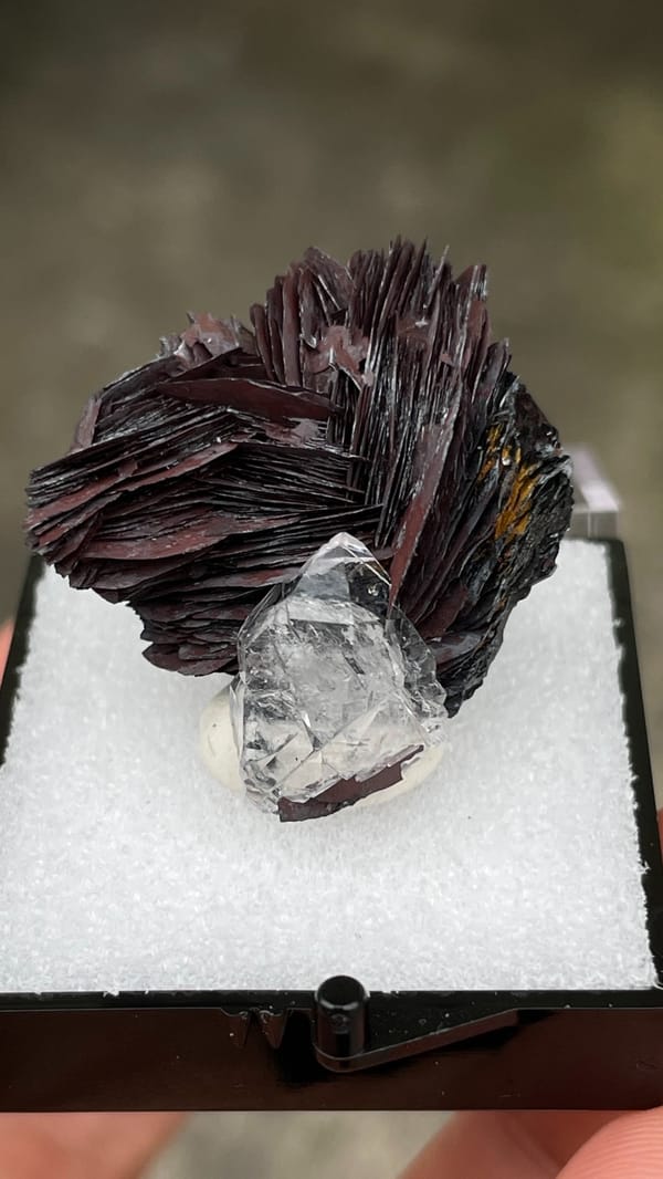 Dark metallic specular hematite rosette with clear quartz, Jinlong, Guangdong