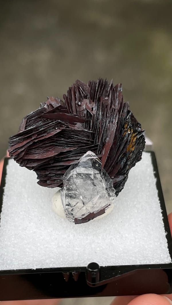 Dark metallic specular hematite rosette with clear quartz, Jinlong, Guangdong, reverse side