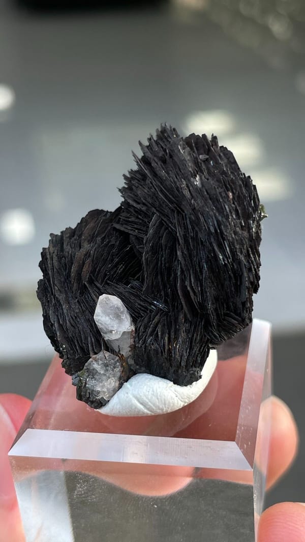 Black specular hematite flower with white quartz from Guangdong, China, close-up of the crystal faces