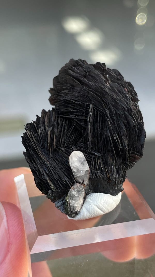 Black specular hematite flower with white quartz from Guangdong, China, detail of the matrix contact