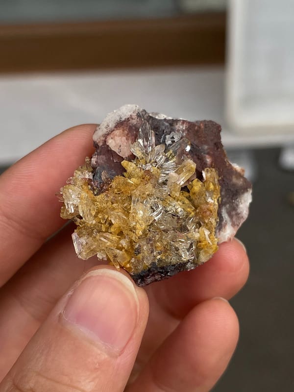 Amber-gold creedite crystals on brown matrix from Guizhou, China, held in hand