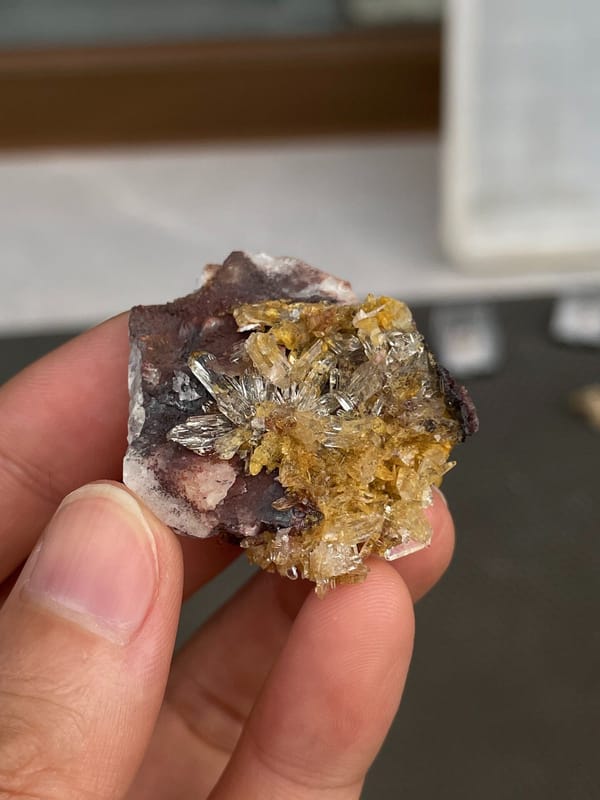 Amber-gold creedite crystals on brown matrix from Guizhou, China, second angle