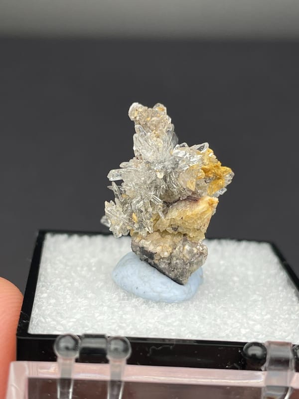 Colourless radiating creedite needle spray from Guizhou, China, in a display box, detail of the matrix contact