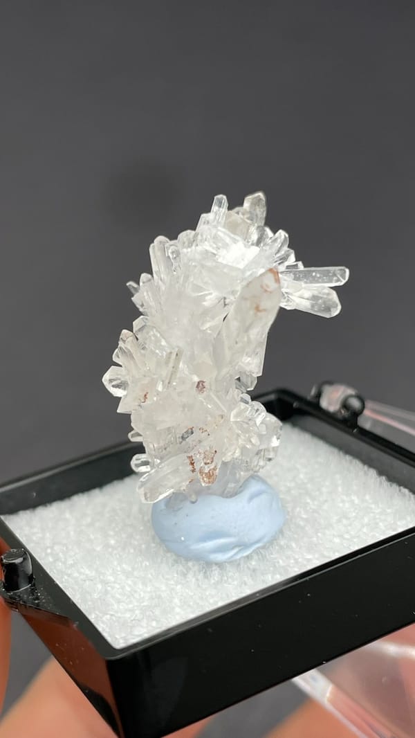 Colourless glassy creedite crystal spray from Guizhou, China, in a display box, close-up of the crystal faces