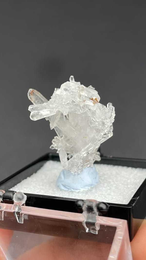 Colourless glassy creedite crystal spray from Guizhou, China, in a display box, reverse side