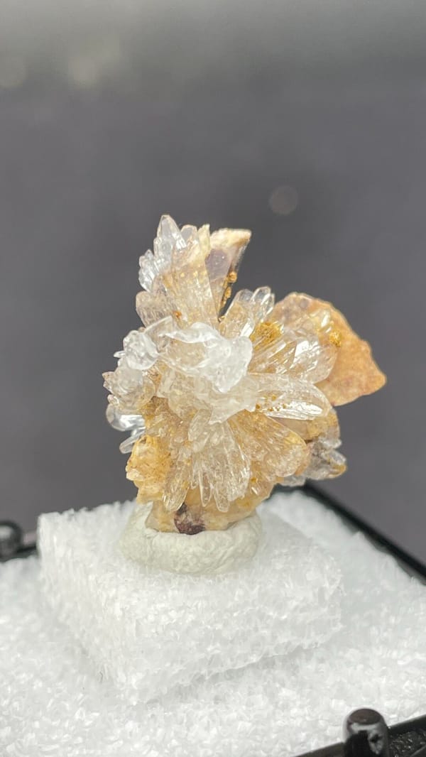 Colourless creedite and gypsum crystal flower from Guizhou, China, in a box, second angle