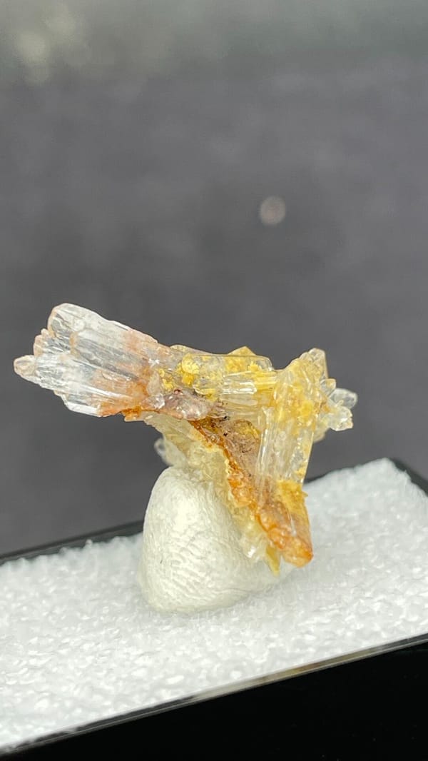 Colourless and amber creedite and gypsum spray from Guizhou, China, in a box, top view