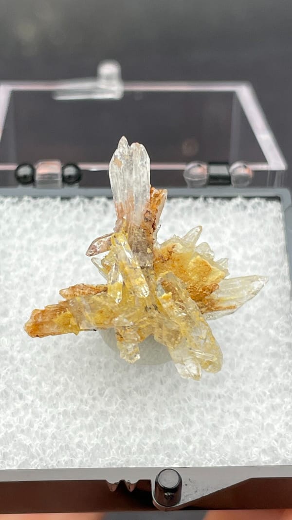 Colourless and amber creedite and gypsum spray from Guizhou, China, in a box, detail of the matrix contact