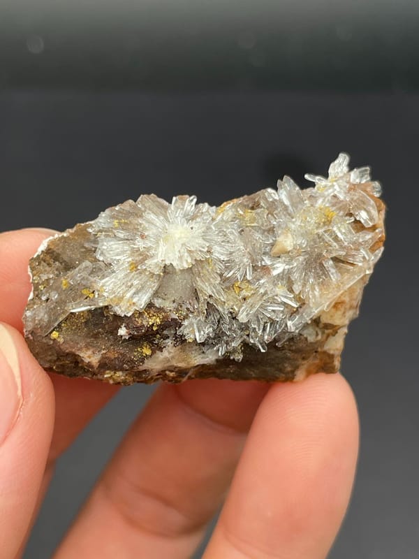 White creedite needle rosettes on brown rock from Guizhou, China, close-up of the crystal faces