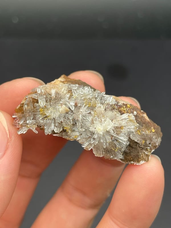 White creedite needle rosettes on brown rock from Guizhou, China, top view